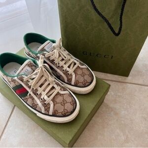 Gucci Beige Monogram Sneakers with Green and Red Stripes